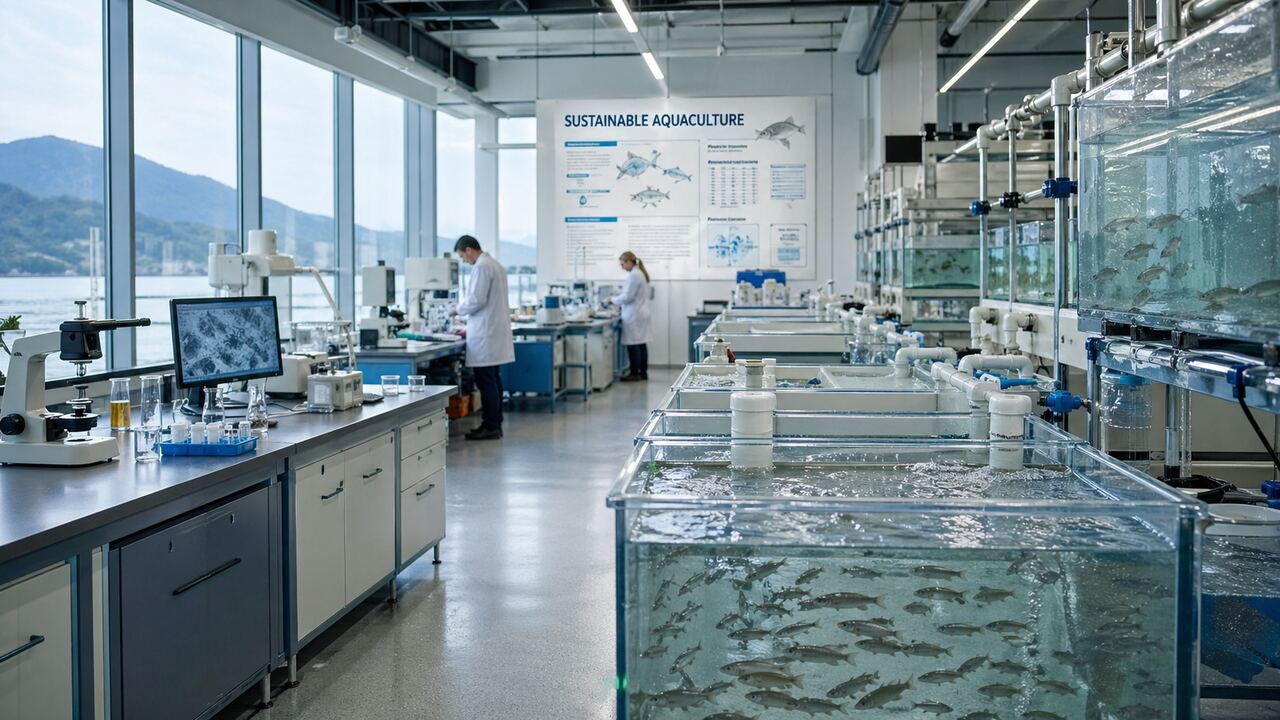 Bioful Aqua research and development laboratory, scientists working alongside aquaculture tanks