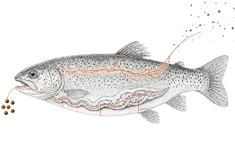 Illustrated trout with orange pathways tracing feed through the gut and nutrients through the body